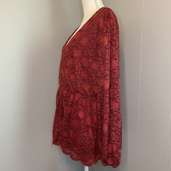 Maurices Woman’s 3X Red Lined Lace Gathered Waist Long Sleeve Blouse - Picture 4 of 9